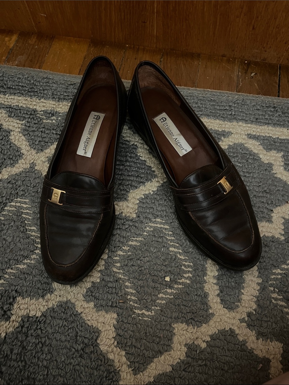 Etienne Aigner Dark Brown Leather Loafers with Gold Buckle